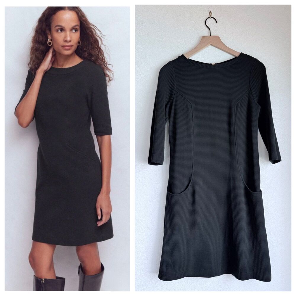 Boden Women's Nessa Ottoman 1/2 Sleeve Pocket Shift Dress in Black Size 6L